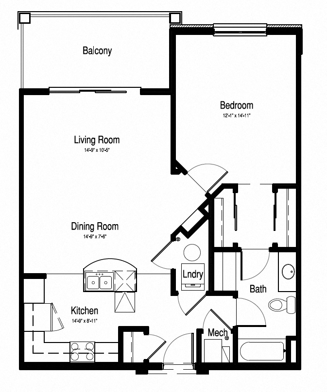 Floor plan for 1 bed, 1 bath, 871 sqft